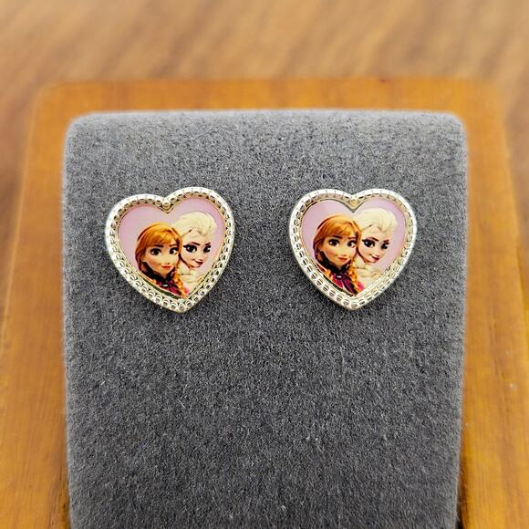 Disney Frozen Ana And Elsa Stud Earrings Silver Tone Heart Shape Cartoon Picture - Picture 2 of 4
